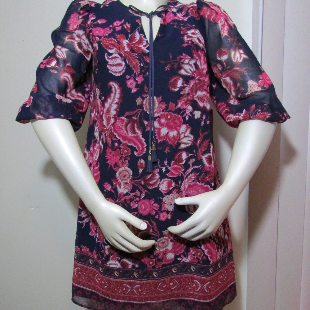 Vince Camuto Purple Pink Floral Dress Keyhole Sheer Sleeves